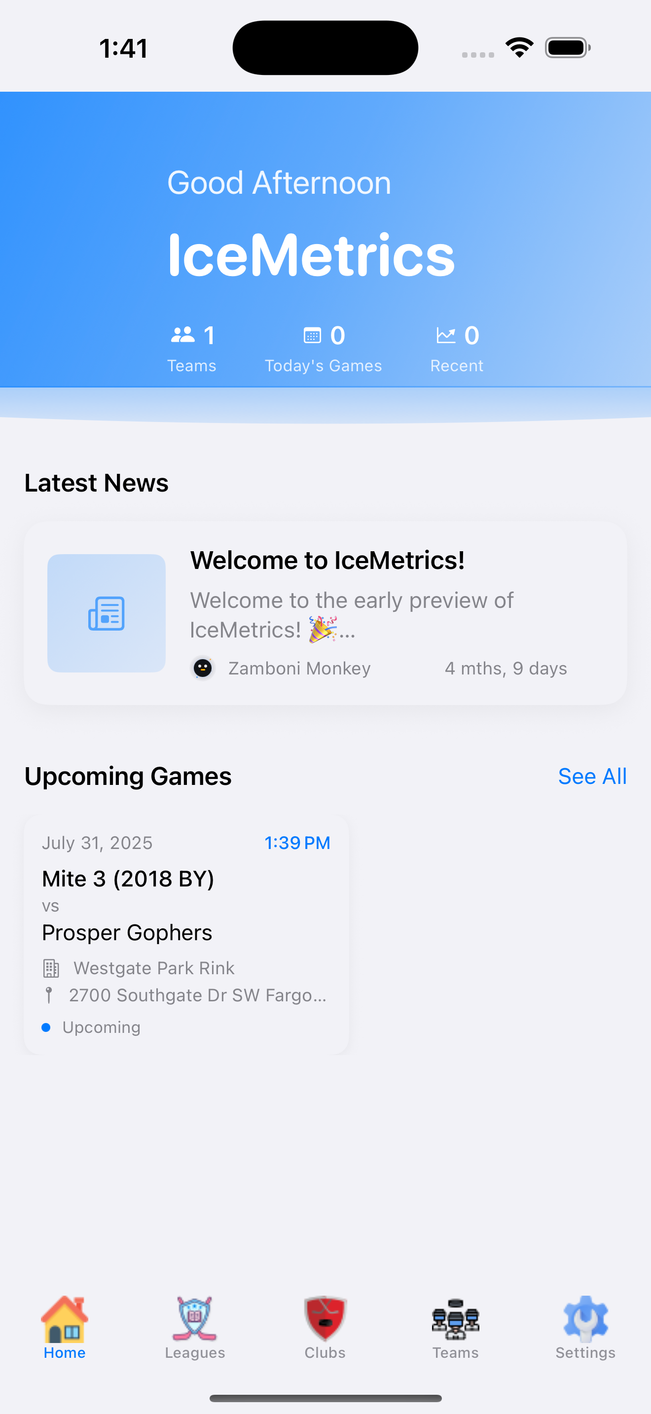 IceMetrics app home screen showing teams and upcoming games