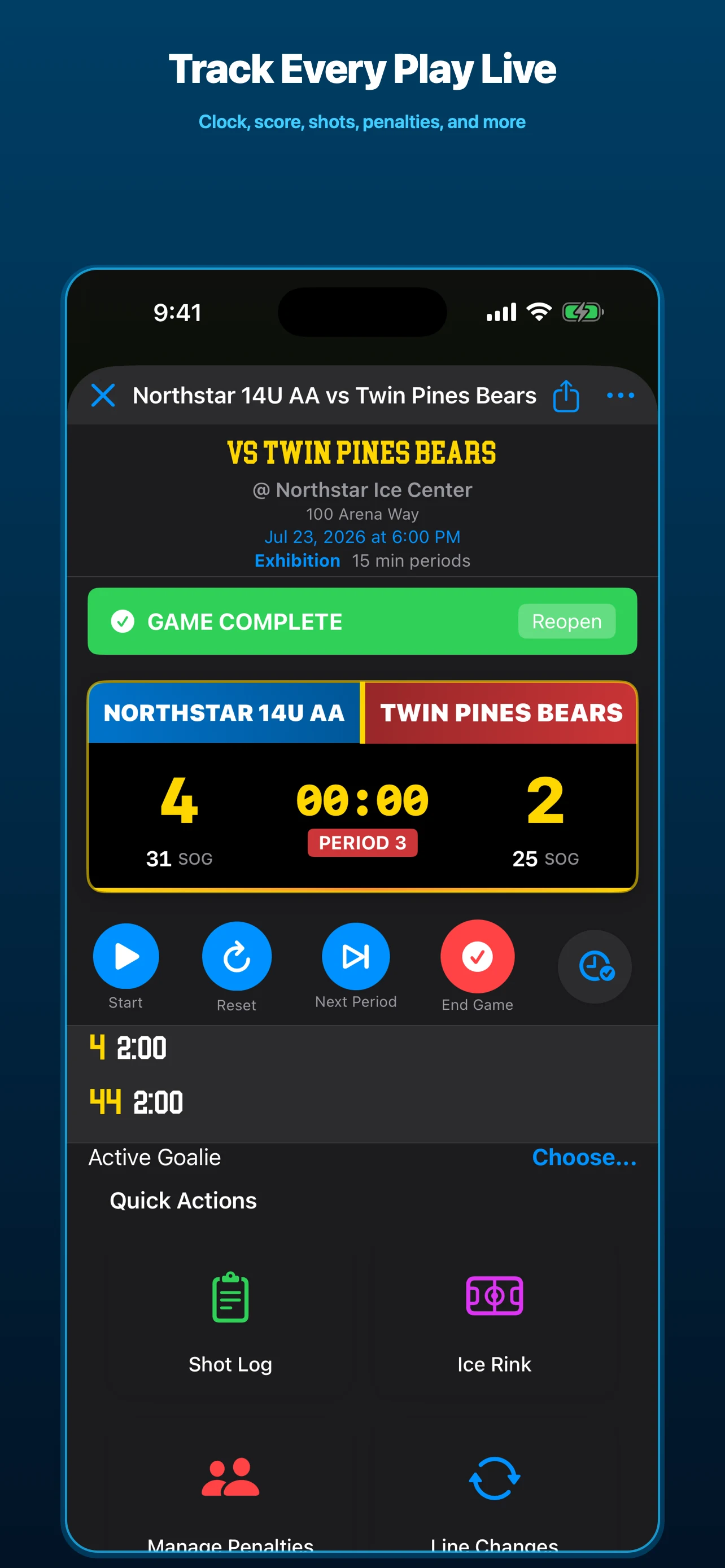 Live IceMetrics hockey scorekeeping screen
